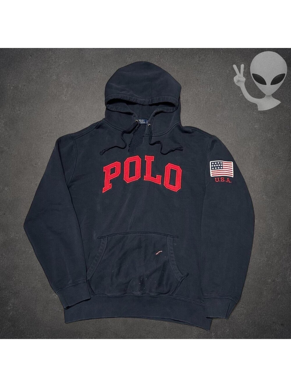 Polo Ralph Lauren USA Flag Sleeve Arch Logo Hoodie Mens US L Navy Blue Fleece
